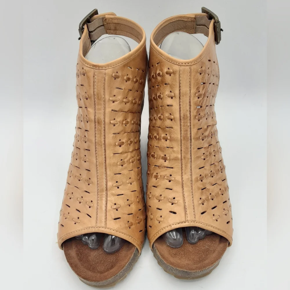 Diba True Leather Boho Tan Perforated Wedge Sandals.
